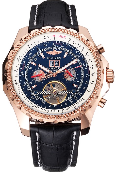 Breitling For Bentley Mulliner Tourbillon Black Dial Rose Gold Case Black Leather Strap