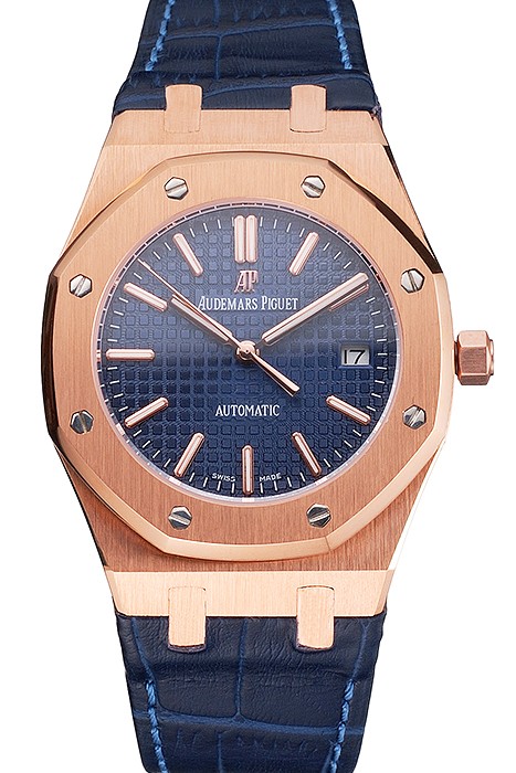 Swiss Audemars Piguet Royal Oak Blue Dial Gold Case Blue Leather Strap
