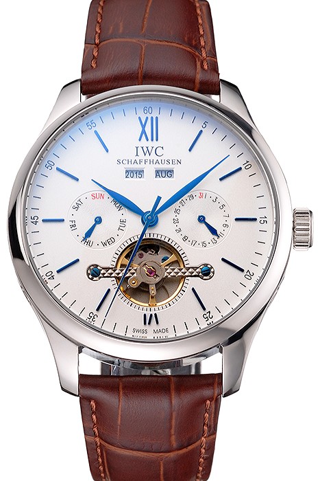 IWC Portofino Tourbillon White Dial Blue Markings Stainless Steel Case Brown Leather Strap