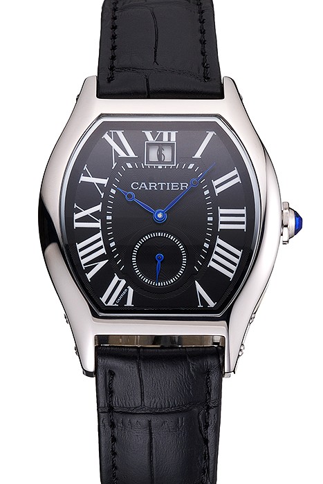 Cartier Tortue Large Date Black Dial Stainless Steel Case Black Leather Strap