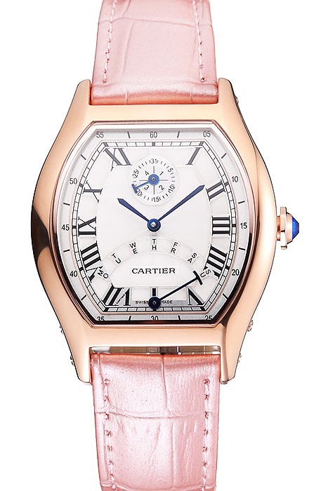 Cartier Tortue Perpetual Calendar White Dial Gold Case Pink Leather Strap