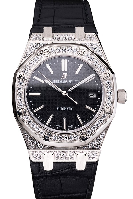 Swiss Audemars Piguet Royal Oak Black Dial Steel Case With Diamonds Black Leather Strap