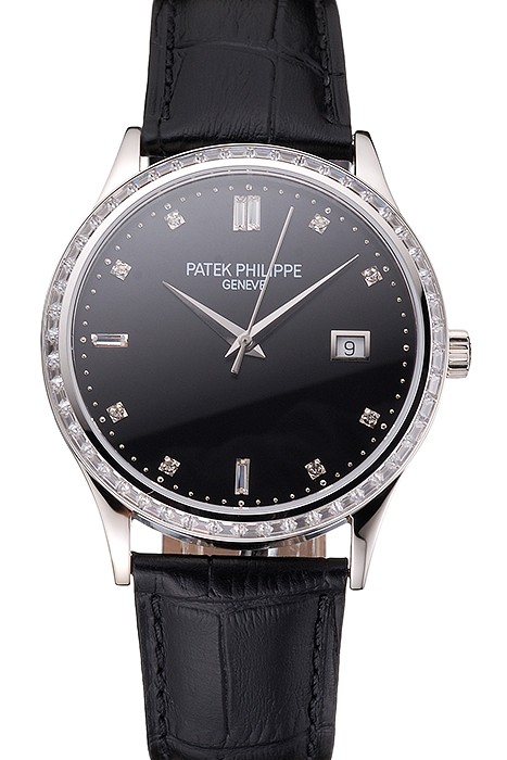 Swiss Patek Philippe Calatrava Black Dial Diamond Bezel Stainless Steel Case Black Leather Strap