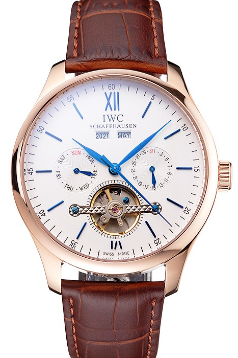 IWC Portofino Tourbillon White Dial Blue Markings Rose Gold Case Brown Leather Strap