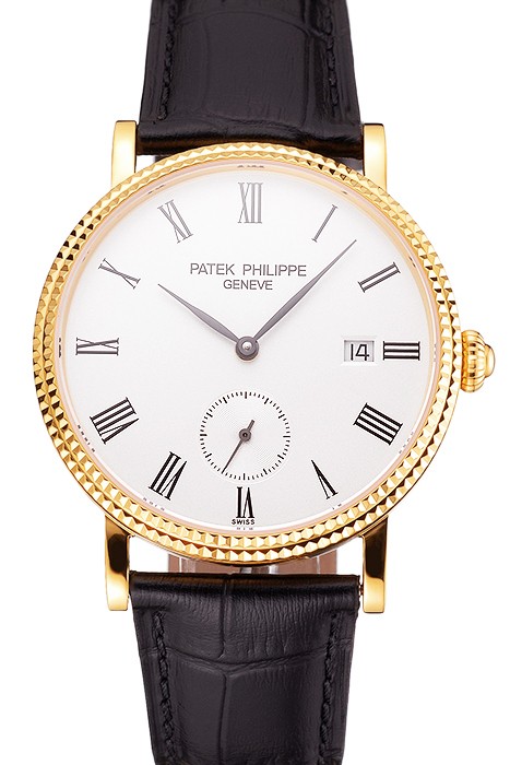 Swiss Patek Philippe Calatrava White Dial Gold Case Fluted Bezel Black Leather Strap