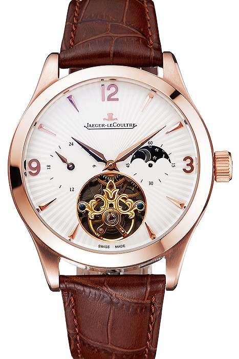 Jaeger LeCoultre Master Moonphase Tourbillon White Dial Rose Gold Case Brown Leather Strap