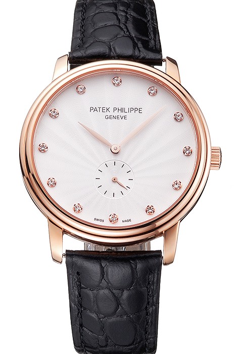 Patek Philippe Calatrava White Guilloche Dial Rose Gold Case Black Leather Strap