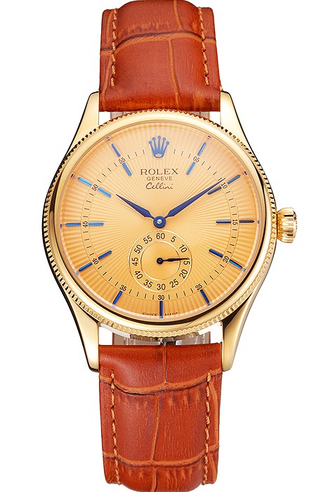 Swiss Rolex Cellini Gold Dial Blue Markings Gold Case Light Brown Leather Strap