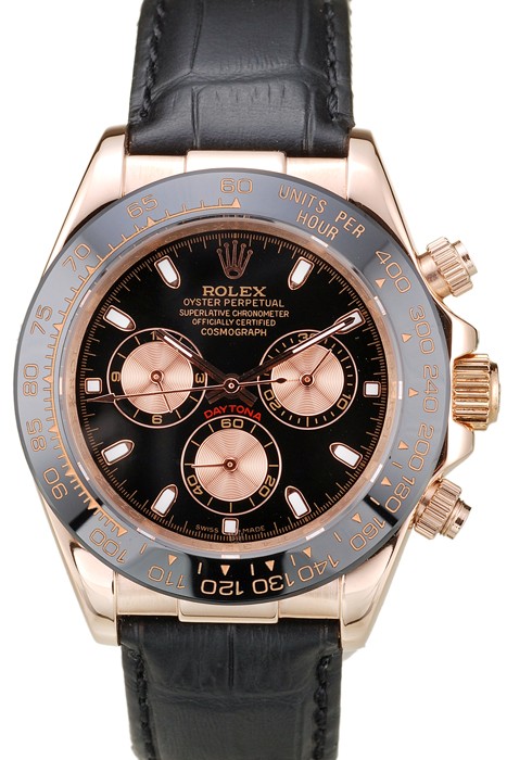 Rolex Daytona Rose Gold Case Black Dial Black Leather Strap