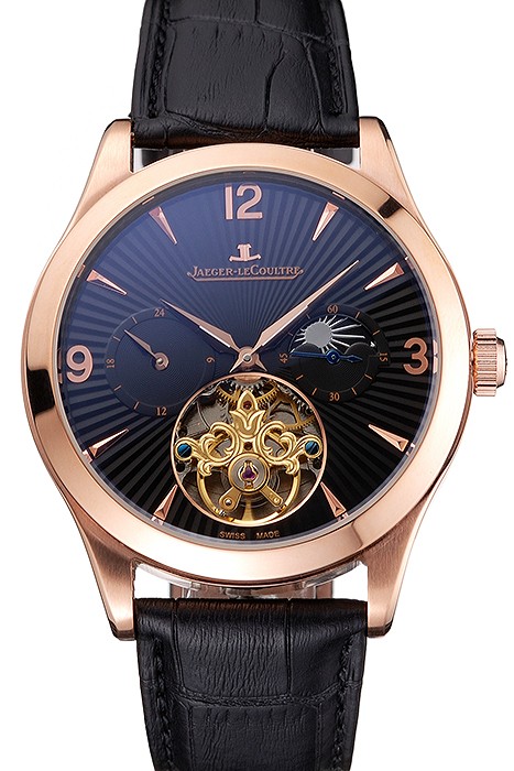 Jaeger LeCoultre Master Moonphase Tourbillon Black Dial Rose Gold Case Black Leather Strap