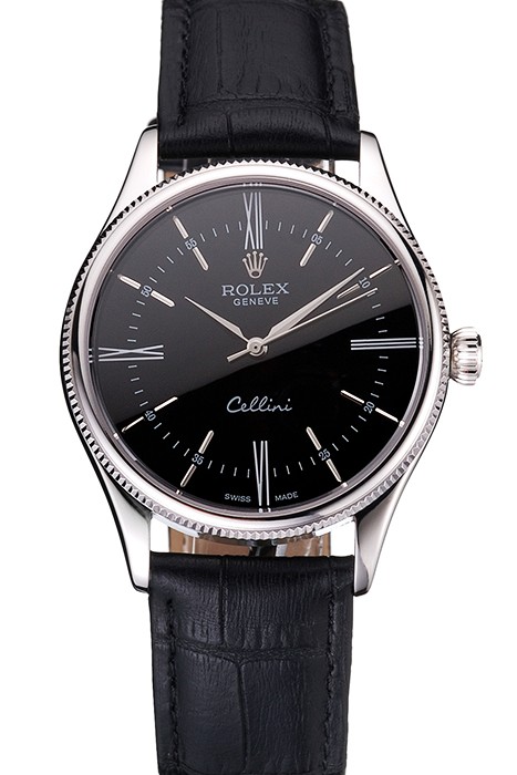 Swiss Rolex Cellini Black Dial Roman Numerals Stainless Steel Case Black Leather Strap