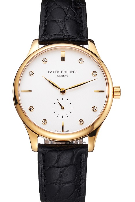 Patek Philippe Calatrava White Dial Diamond Markings Gold Case Black Leather Strap