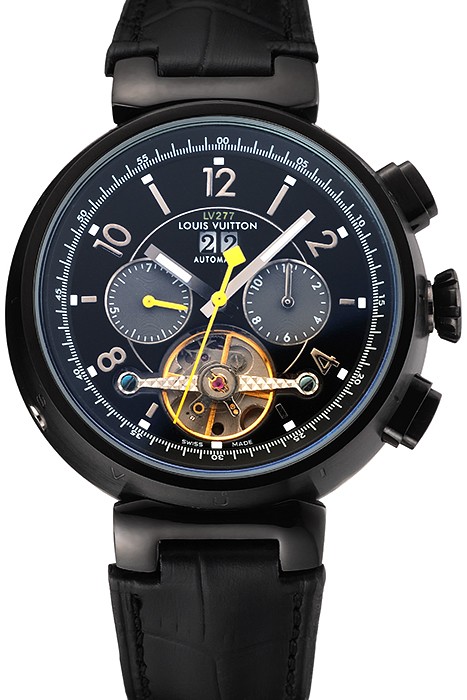 Louis Vuitton Tambour LV277 Tourbillon Black Dial Black PVD Case Black Leather Strap