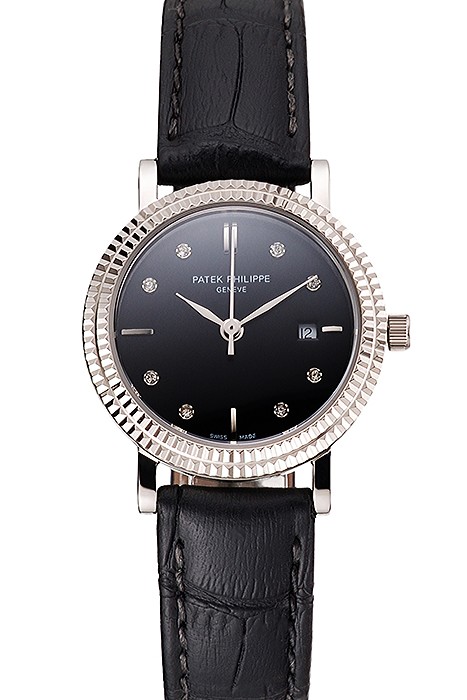 Patek Philippe Calatrava Black Dial Diamond Hour Marks Double Ribbed Bezel Stainless Steel Case Black Leather Strap