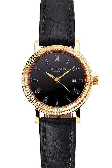 Patek Philippe Calatrava Black Dial Roman Numerals Double Ribbed Bezel Gold Case Black Leather Strap
