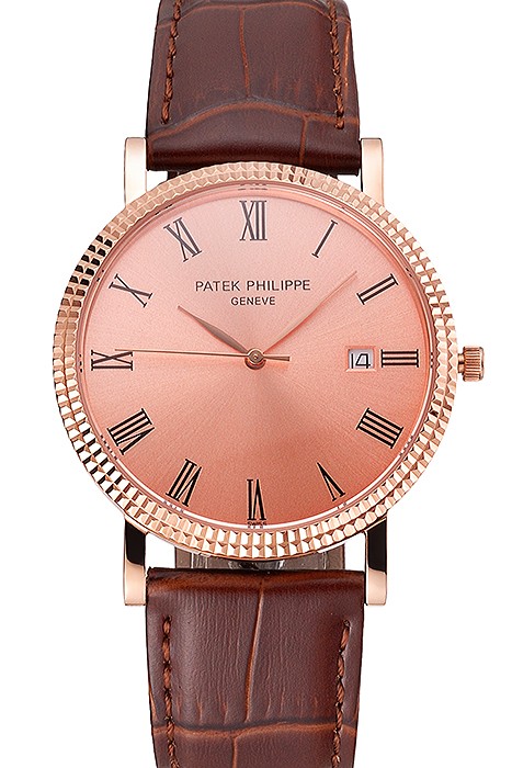 Patek Philippe Calatrava Rose Gold Dial Roman Numerals Ribbed Bezel Rose Gold Case Brown Leather Strap
