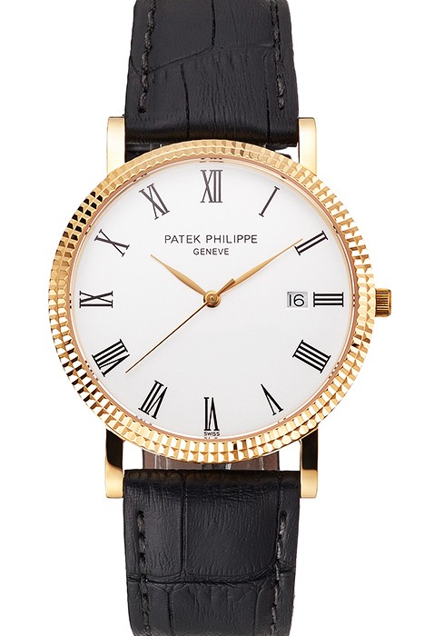 Patek Philippe Calatrava White Dial Roman Numerals Ribbed Bezel Gold Case Black Leather Strap