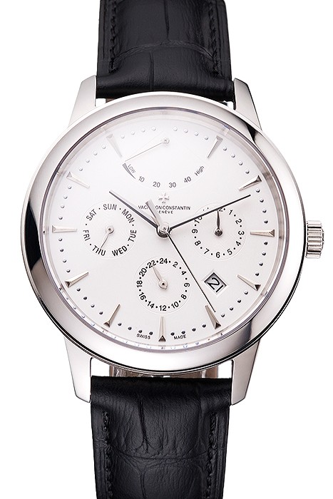 Swiss Vacheron Constantin Traditionnelle Power Reserve White Dial Stainless Steel Case Black Leather Strap