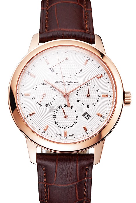 Swiss Vacheron Constantin Traditionnelle Power Reserve White Dial Rose Gold Case Brown Leather Strap