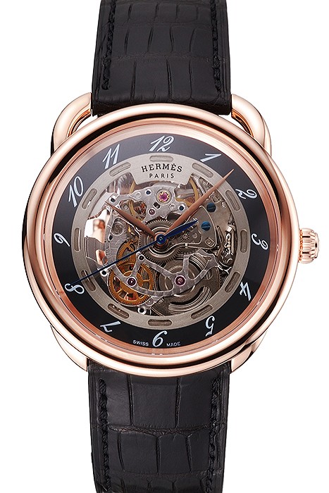 Swiss Hermes Arceau Skeleton Black Dial Brown Hands Rose Gold Case Black Leather Strap