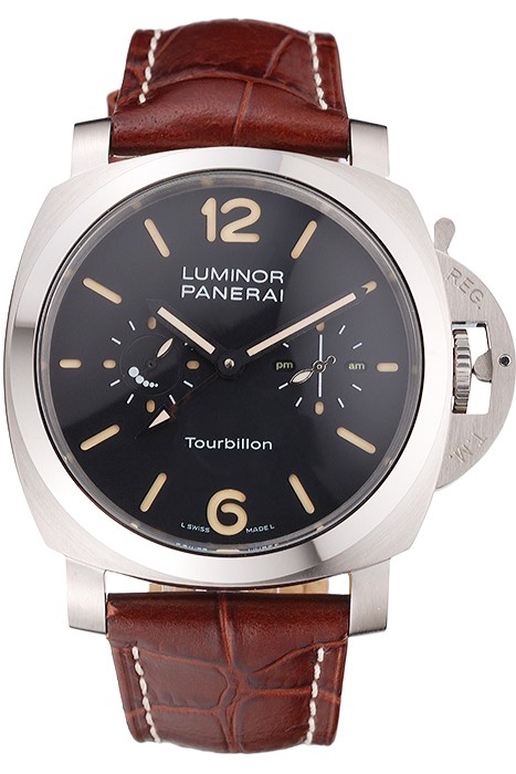 Panerai Luminor 1950 Tourbillon GMT Black Dial Stainless Steel Case Brown Leather Strap