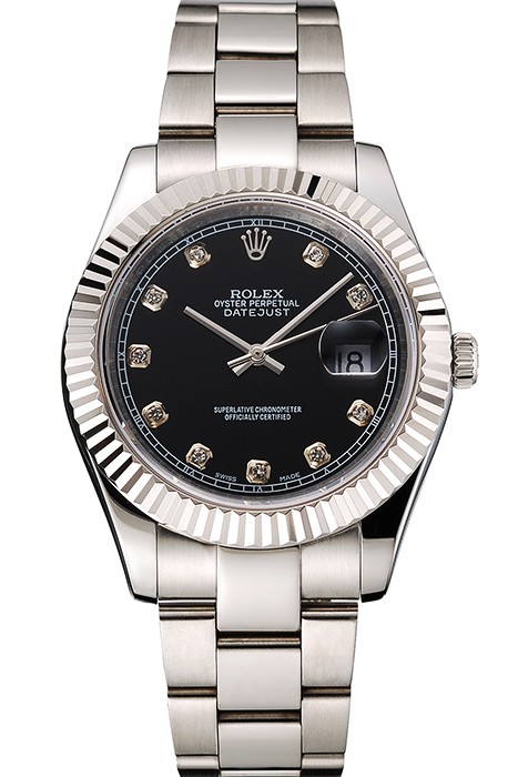 Swiss Rolex Datejust Black Dial Dimond Hour Marks Stainless Steel Case And Bracelet