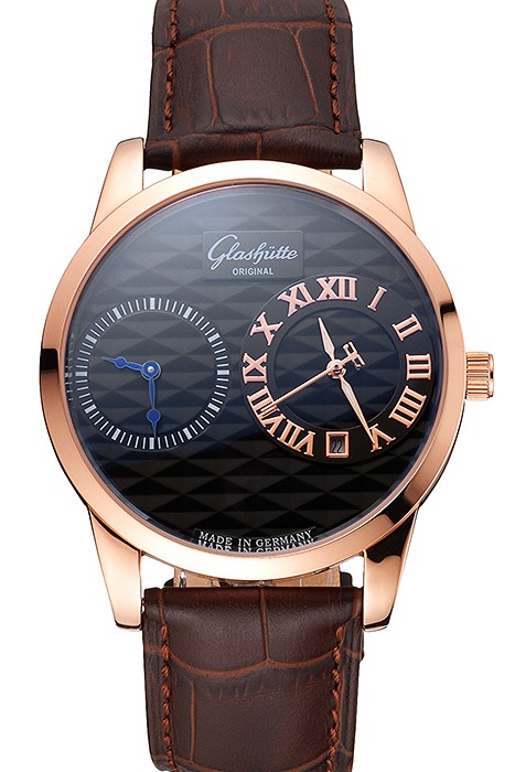 Glashutte Original Black Dial Rose Gold Case Brown Leather Strap