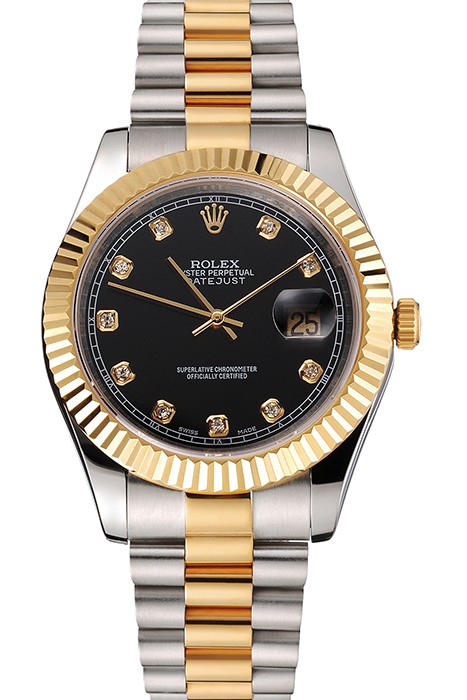 Swiss Rolex Datejust Black Dial Stainless Steel Case Gold Bezel Two Tone Bracelet