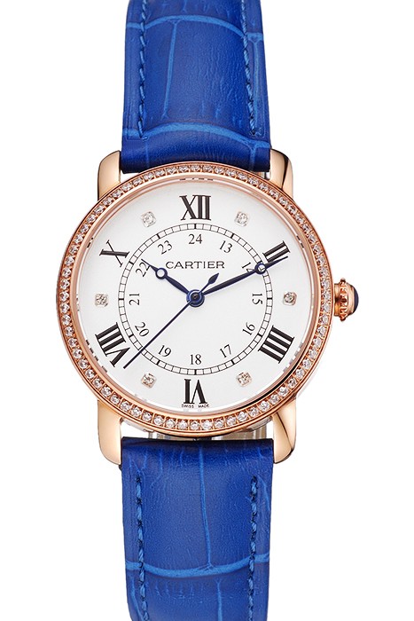 Cartier Ronde White Dial Diamond Bezel Rose Gold Case Blue Leather Strap