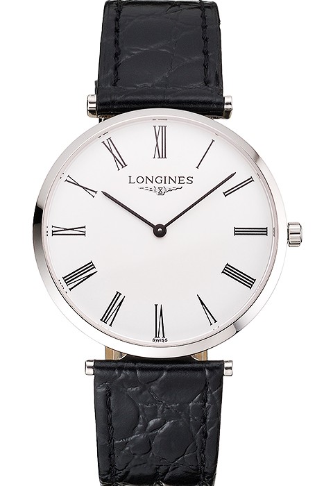 Swiss Longines Grande Classique White Dial Roman Numerals Stainless Steel Case Black Leather Strap