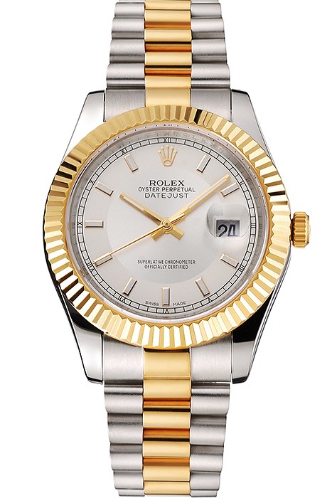 Swiss Rolex Datejust White Dial Gold Bezel Stainless Steel Case Two Tone Gold Bracelet