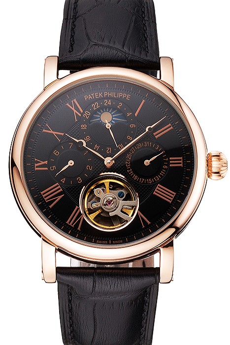 Patek Philippe Grand Complications Moonphase Perpetual Calendar Tourbillon Black Dial Rose Gold Case Black Leather Strap