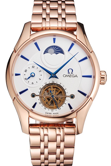 Omega De Ville Moonphase Tourbillon White Dial Blue Hands Rose Gold Case And Bracelet