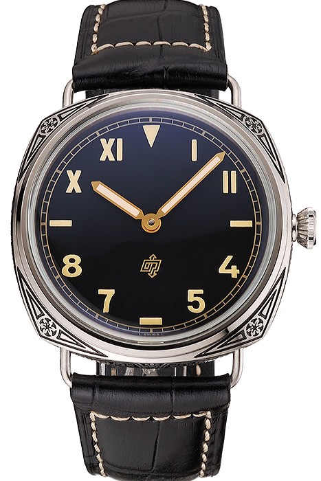 Panerai Radiomir Firenze PAM604 Black Dial Roman Numerals Engraved Stainless Steel Case Black Leather Strap