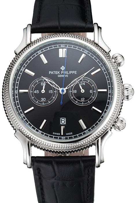 Patek Philippe Chronograph Black Dial Stainless Steel Case Black Leather Strap