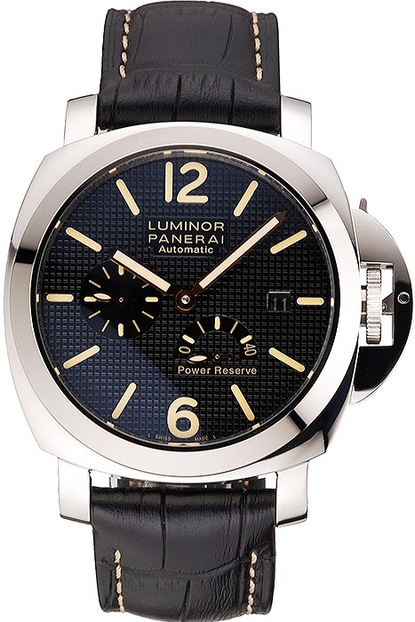 Panerai Luminor Automatic Power Reserve Black Embossed Dial Stainless Steel Case Black Leather Strap