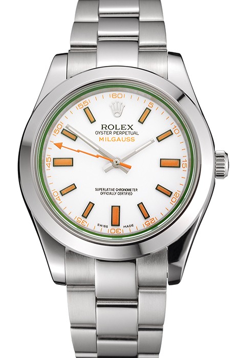 Swiss Rolex Milgauss White Dial Orange Markings Stainless Steel Case And Bracelet