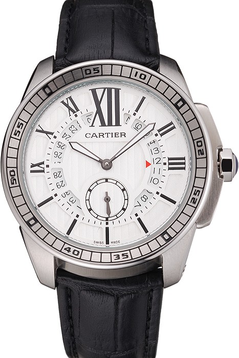 Cartier Calibre De Cartier Small Seconds White Dial Stainless Steel Case Black Leather Strap