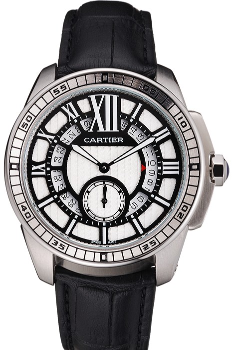 Cartier Calibre De Cartier Small Seconds Black And White Dial Stainless Steel Case Black Leather Strap