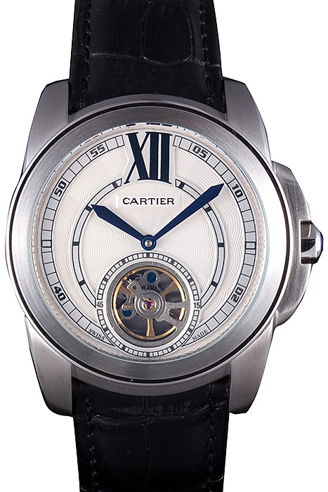 Cartier Calibre Flying Tourbillon White Dial Stainless Steel Case Black Leather Bracelet
