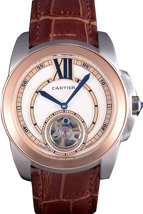 Cartier Calibre Flying Tourbillon White Dial Two Tone Case Brown Leather Bracelet
