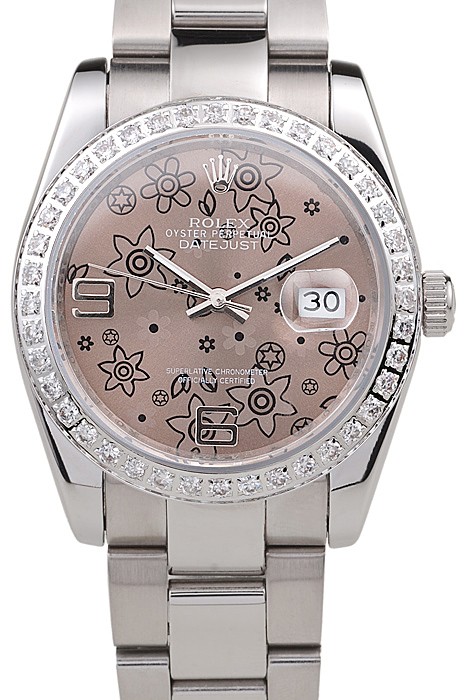 Rolex Datejust Polished Stainless Steel Brown Flowers Dial Diamond Plated