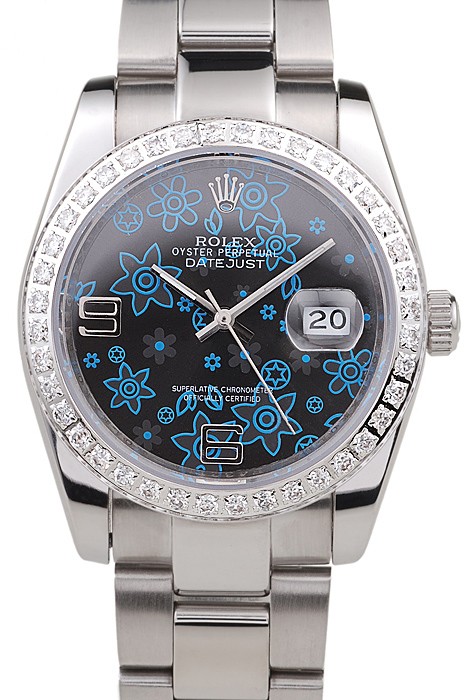 Rolex Datejust Polished Stainless Steel Dark Blue Flowers Dial Diamond Plated