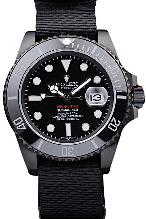Rolex Swiss Submariner Pro-Hunter Black Fabric Strap Black Dial