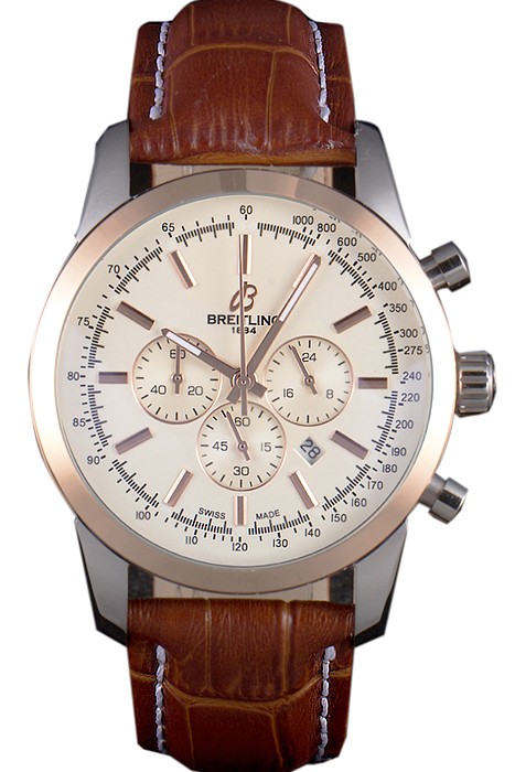 Breitling Transocean White Dial Light Brown Leather Strap Rose Gold Bezel