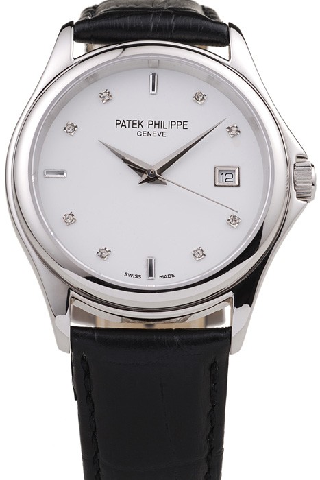 Patek Philippe Geneve Calatrava Crystal Studded Hour Marker White Dial Black Leather Strap
