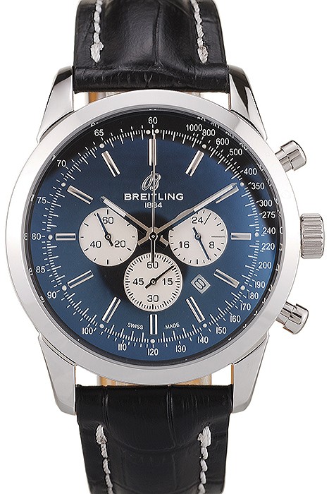 Breitling Transocean Black Dial Black Leather Strap  Polished Stainless Steel Bezel