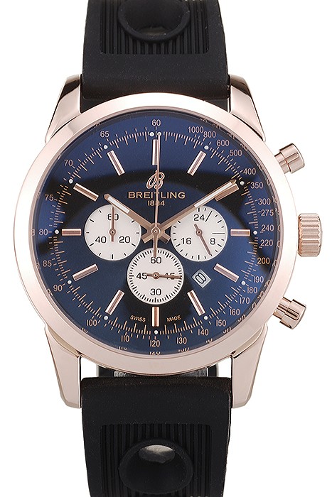 Breitling Transocean Black Dial Black Rubber Strap Rose Gold Bezel 98207