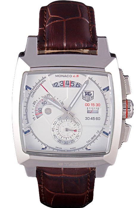 Tag Heuer Monaco Brushed Stainless Steel Case White Dial Brown Leather Strap 98173
