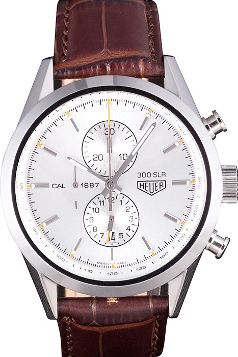 Tag Heuer SLR Brushed Stainless Steel Case Silver Dial Brown Leather Strap